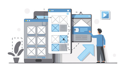 Illustration of a person interacting with multiple digital screens and a plant on the side