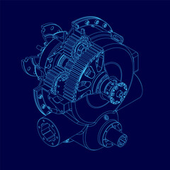 a detailed blueprint of a car engine with visible gearbox, pistons, and turbine components. the intr