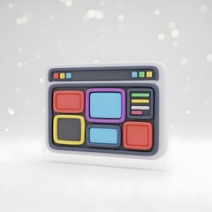 A 3D render of a web browser interface with colorful content blocks against a bright, blurry background.