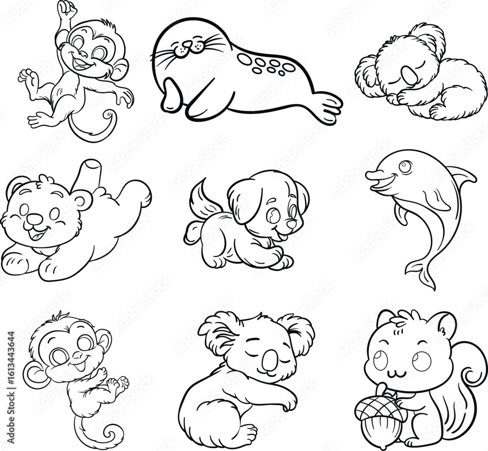 Cute Baby Animals Coloring Pages - Adorable Animal Characters Line Art ...