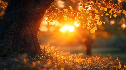 Wall Mural - glowing tree bathed in golden sunset light