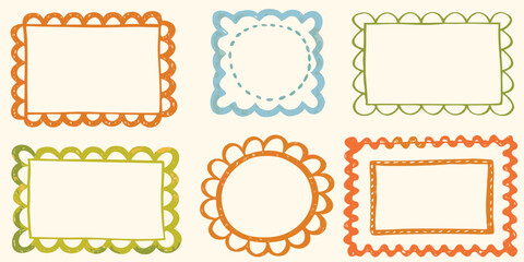Colorful Scalloped Border Frames Clipart | Hand-Drawn Doodle Labels in Orange, Green, Blue | PNG Vector Frames for Scrapbooking, Crafts, Invitations, and Graphic Design