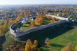 Ancient Izborsk Fortress on a sunny October morning (aerial view). Pskov region, Russia