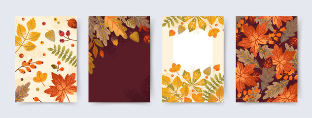 Wall Mural - Autumn, Fall set of cute backgrounds with leaves, branches, berries and acorns. Vector hand drawn botanical illustration with texture for seasonal poster, greeting card, invitation with leaf pattern