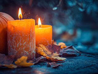 Wall Mural - two candles are lit on a table with leaves and a pumpkin. scene is warm and cozy, perfect for a fall