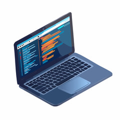 Software, web development, programming concept. Abstract Programming language and program code on screen laptop in isometric. Laptop on a stand for programming, coding, software development in dark.