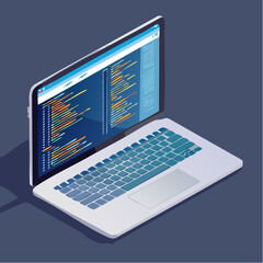 Software, web development, programming concept. Abstract Programming language and program code on screen laptop in isometric. Laptop on a stand for programming, coding, software development in dark.