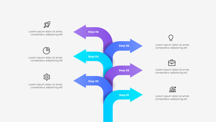 Wall Mural - gradient arrows illustrate a six step process with infographic icons, ideal for presentations and pr