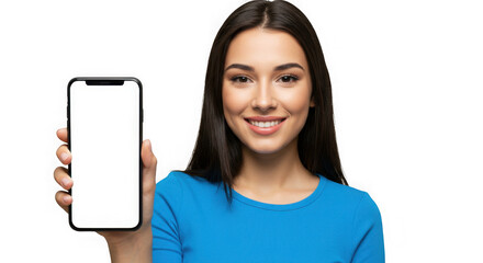 Smiling young woman holding a smartphone with a blank screen isolated on transparent background