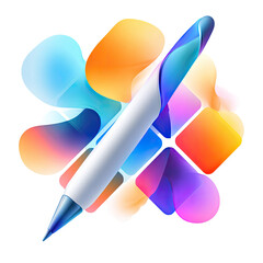 Abstract graphic of a pen, vibrant colors, flowing shapes