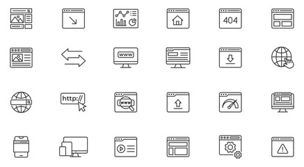 Website line icon set. Containing web design, internet, content, SEO, hosting, blog, homepage, e-commerce line icon collection set.