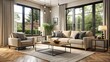 © Osama - Photo of a spacious and elegantly furnished living room with large windows offering a view of a lush green garden