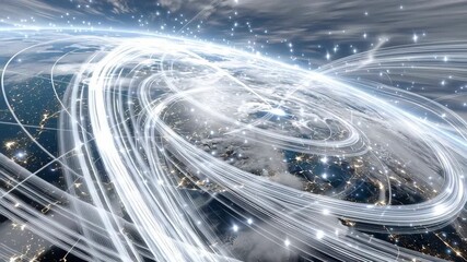 Wall Mural - bright glowing data streams flowing in swirling patterns over earth with stars and clouds