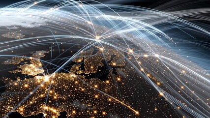 Wall Mural - bright light trails representing connections across europe and the world in abstract visualization