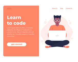 learn to code web page, banner with coding girl, software developer