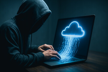 Wall Mural - cybersecurity and cloud data: a hooded figure intently uses a laptop with a glowing cloud, symbolizi