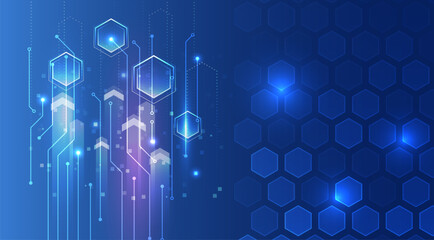 Wall Mural - abstract technological background consisting of hexagons, circuit board and glowing stripes on blue 