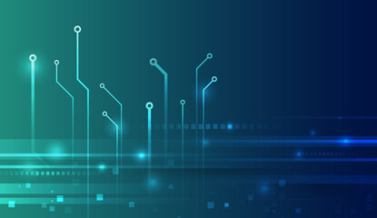 Wall Mural - Abstract technology background with glowing circuit lines and binary grid in blue-green gradient. Ideal for digital innovation, high-tech systems, and futuristic network themes.