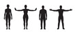 © design box - Four human figures in silhouette showing different poses and arm positions isolated on white background silhouette