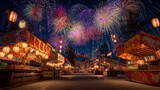 日本の夏祭り、屋台が並ぶ賑やかな夜市と花火
