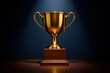 © AI DESIGN 0 - Golden trophy on wooden base against a dark blue background with spotlight