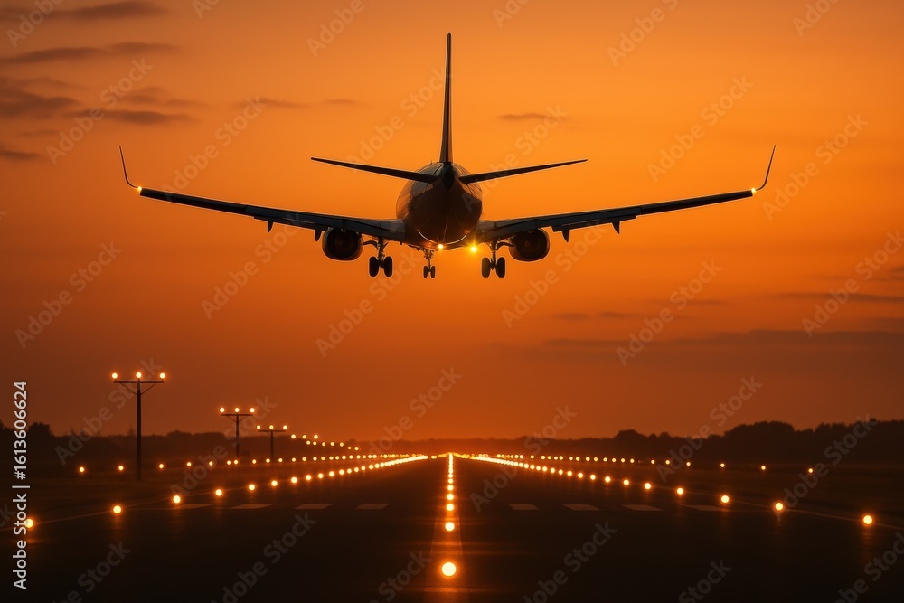 Airplane on Runway at Night Preparing for Takeoff Under the Dark Sky