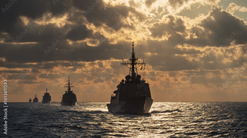 Naval ships at sunset