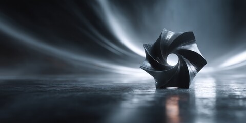 Wall Mural - futuristic black metallic spiral object on reflective surface with dynamic silver light streaks.