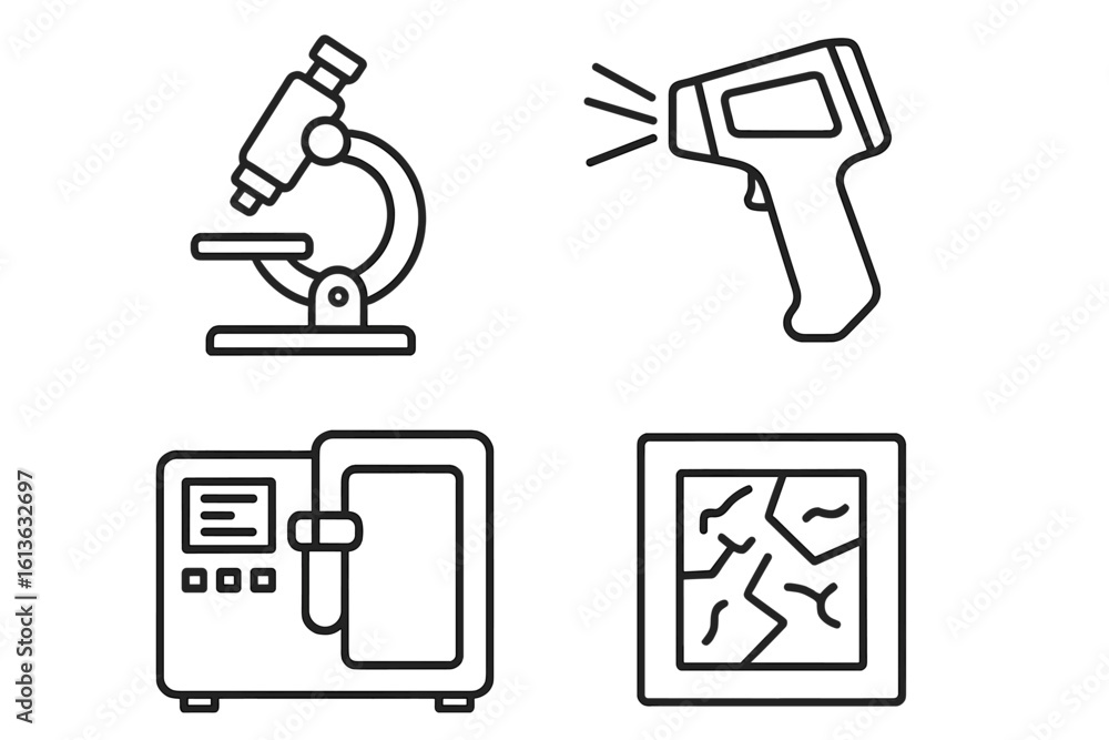 Lab equipment outline icon set. Sample analysis vector illustration ...