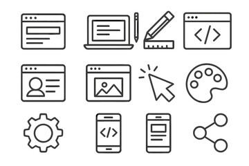 Web design line icon set. UI UX vector symbols for website and mobile app development. Graphic design elements like coding, user profile, click, share, and settings.