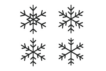 Set of four snowflake icons. Simple thin line art symbols. Winter and Christmas decoration elements. Flat vector illustration isolated on white background. Cold weather concept.