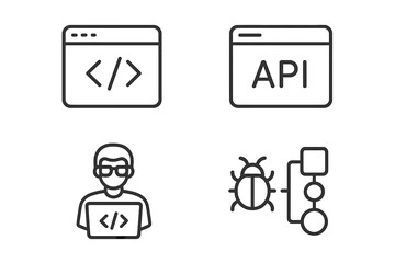 Web development icon set in thin line style. Programmer coding on laptop, API interface, code editor, and bug fixing workflow. Vector icons for web and mobile app design.