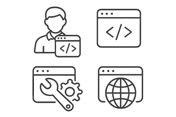 Web development line icons set. Programmer, coding, software engineering symbols. Website and mobile app user interface elements. Browser, settings, internet vector signs.
