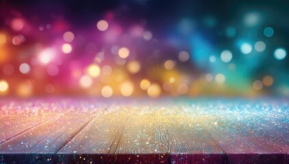 Colorful bokeh lights on a glittery wooden surface