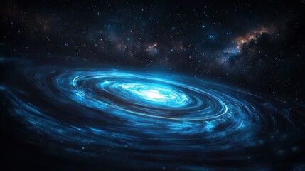 glowing blue spiral galaxy in vast outer space at night