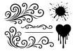 © Lukas - Ornamental swirl flourishes, ink splatter stain, dripping heart silhouette, elegant vintage divider, abstract tattoo and comic effect decorative vector elements set illustration