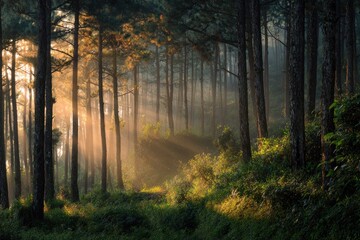  Sunrise penetrates misty pine forest