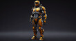 © Miu - A futuristic, yellow and grey armored figure stands against a dark background.  The detailed suit suggests advanced technology and protection.