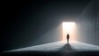 © LumenMaze - A solitary figure stands in a long narrow corridor illuminated by a bright rectangular light at the far end,