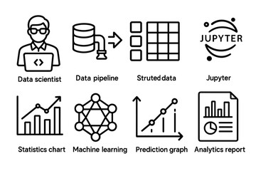 set of black and white data science and analytics icons in grid layout