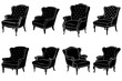 © Afchana - Collection of eight wingback chairs with varying designs and upholstery styles in black and white vector art
