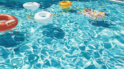 Wall Mural - a painting depicts a pool with floaties and rafts