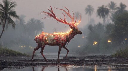 Canvas Print -   A deer with red antlers strolling through a swampy area surrounded by palm trees and illuminated antlers