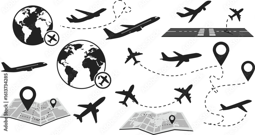 CAD drawing flat vector illustration of airplane travel route, world ...