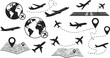 © Creative World - CAD drawing flat vector illustration of airplane travel route, world map, location pins, airport runway, aviation elements, flight paths