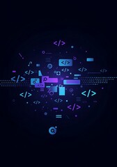 Abstract technology background with programming code elements and glowing effects