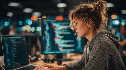 A coder at work, engrossed in her coding task. The focused coder is typing code on her laptop with a computer monitor in the background. The setting appears to be a modern office setting
