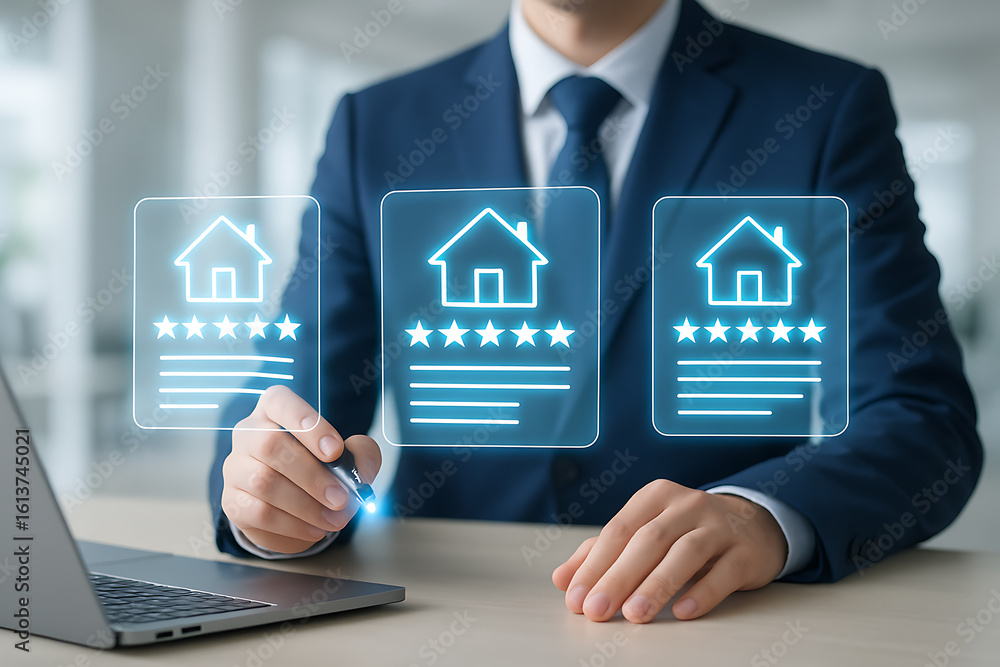 Real estate agent evaluating property ratings on digital interface ...