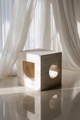 Wall Mural - Modern minimalist interior with marble cube and sheer curtains
