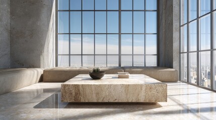 Wall Mural - Luxurious modern living room with panoramic city views and minimalist design elements